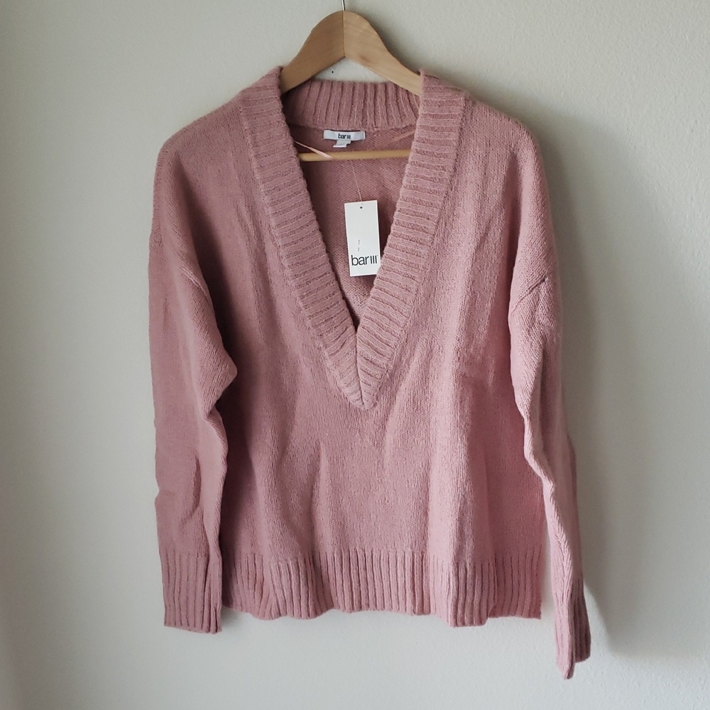 Bar III Blush High V-Neck Wool Blend Sweater Ribbed Sz L NWT Feminine